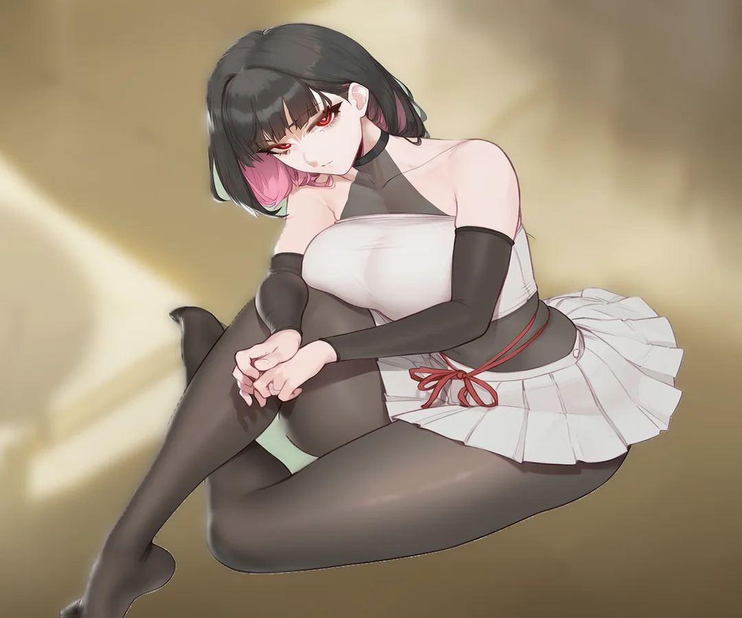 黑发红眼角色 Ria 穿黑白学院服装坐在暖色背景前